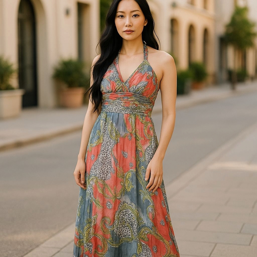 Orange and Blue Halter Maxi Sundress for Wedding Guest